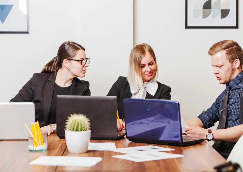 Business directory image of three professionals collaborating over laptops and documents in a bright modern office